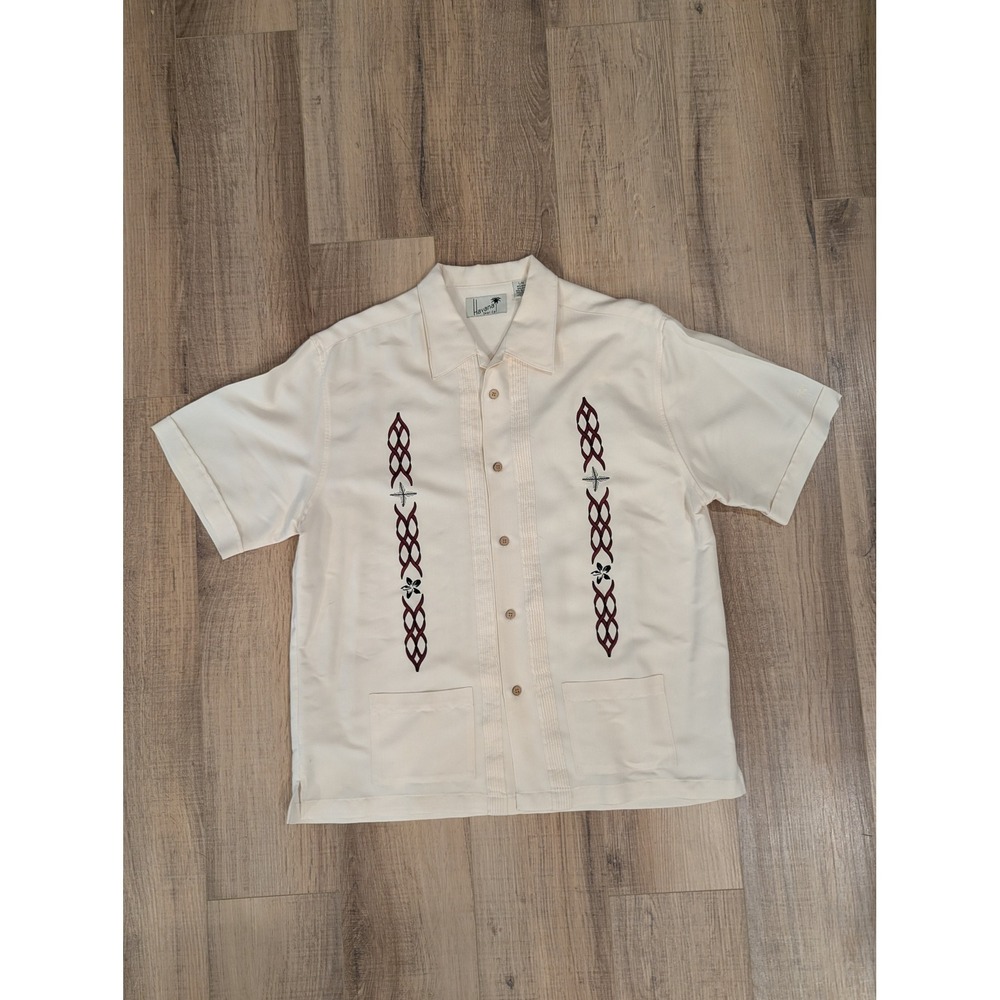 Havana Shirt Co Guayabera Shirt Mens L Cream Embroidered Cuban Rockabilly Rayon
